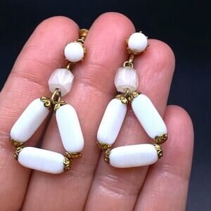 Vintage White Glass Chandelier Earrings Triangular Gold Tone Screw Back Lever